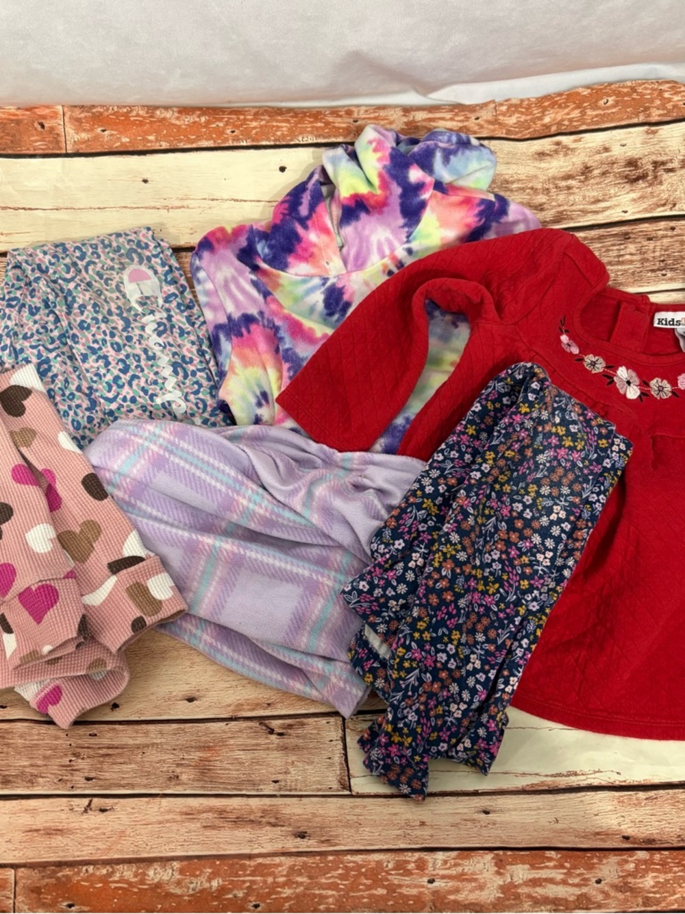 Girls Mixed Tops and Bottoms Bundle - Tie-Dye, Red, Floral, Hearts size 5 and 6